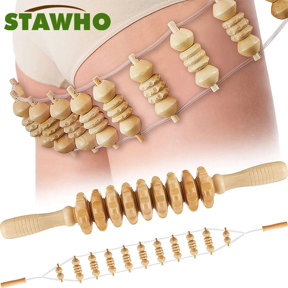 Wooden Back Massage Roller Rope Wood Therapy Massage Tools ,Wooden 9-wheel Massager,Lymphatic Drainage for Leg Back Pain Relief