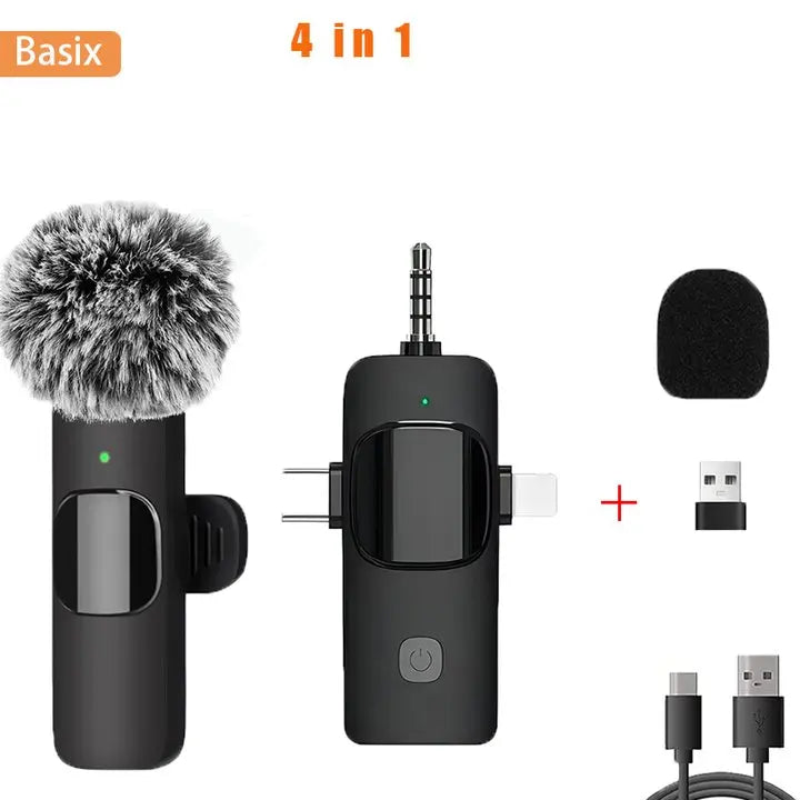 Basix Professional 4in1 Wireless Lavalier Microphone for iPhone Android 3.5mm for Live Recording Noise Cancelling Mini Microphon