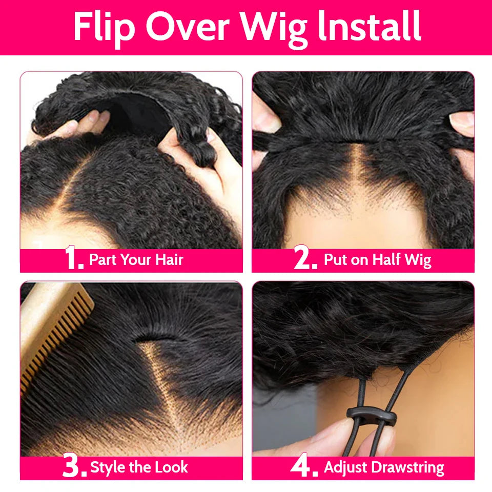 iSEE 250% Density 3 IN 1 Half Burmese Curly Wigs Flip Over Beginner Friendly Go Drawstring Wig No Glue No Sew & Easy Install