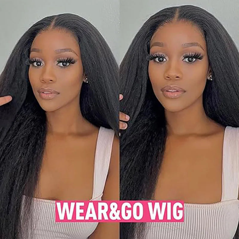 ISEE Hair Wear Go Glueless Wig Kinky Straight Human Hair Wigs 6X4 HD Lace Front Wig Pre Cut PrePlucked Closure Wigs For Women
