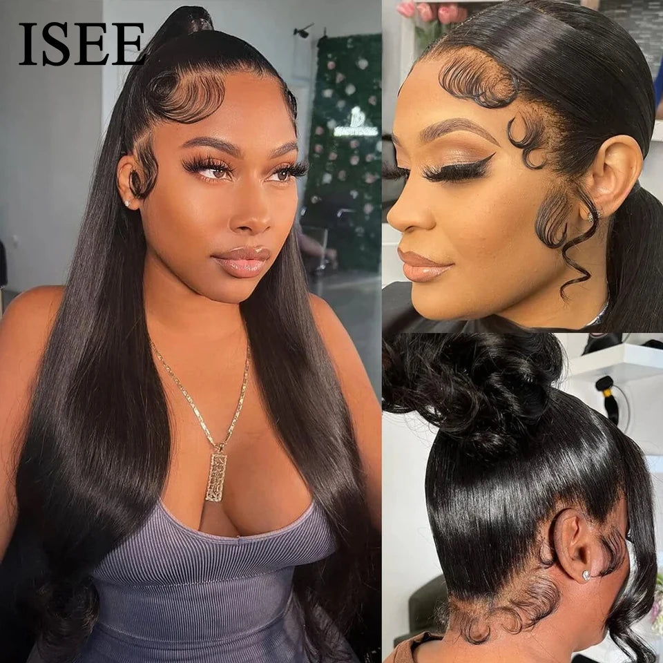 ISEE Hair 360 Glueless Wig Human Hair Ready To Wear Straight Glueless HD full Lace Front Wigs PreCut Preplucked Wear And Go Wigs