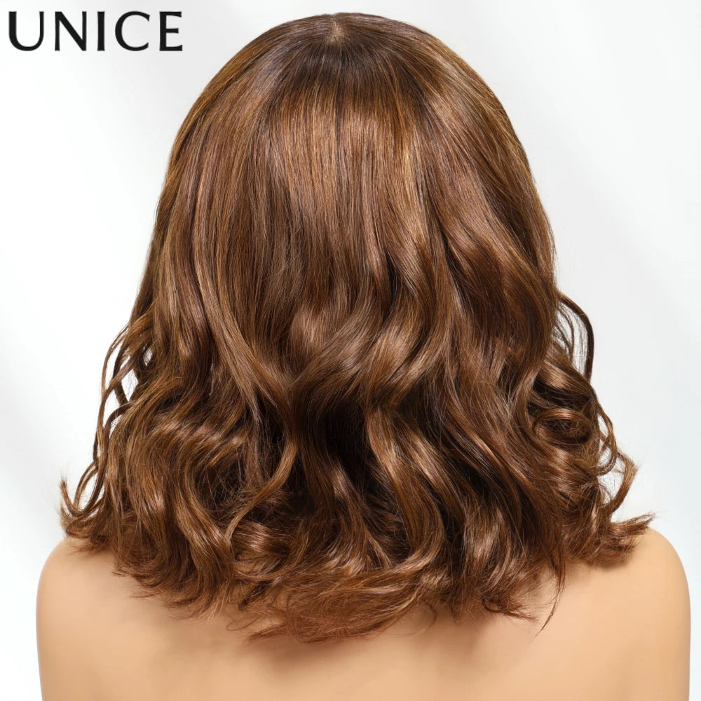 Unice Hair Brown Colored Loose Wave Wig With Bangs 4x2 Lace Short Bob Wig Human Hair Glueless Wig 150% Density