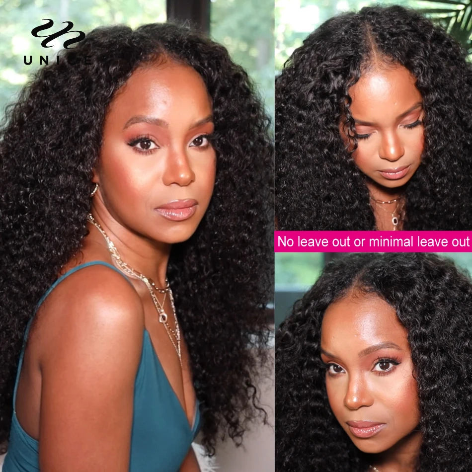 UNICE Hair Jerry Curly V Part Wig Human Hair Upgrade U Part Wig EasiContour Minimal Leave-Out Super Natural 100% Human Hair Wig
