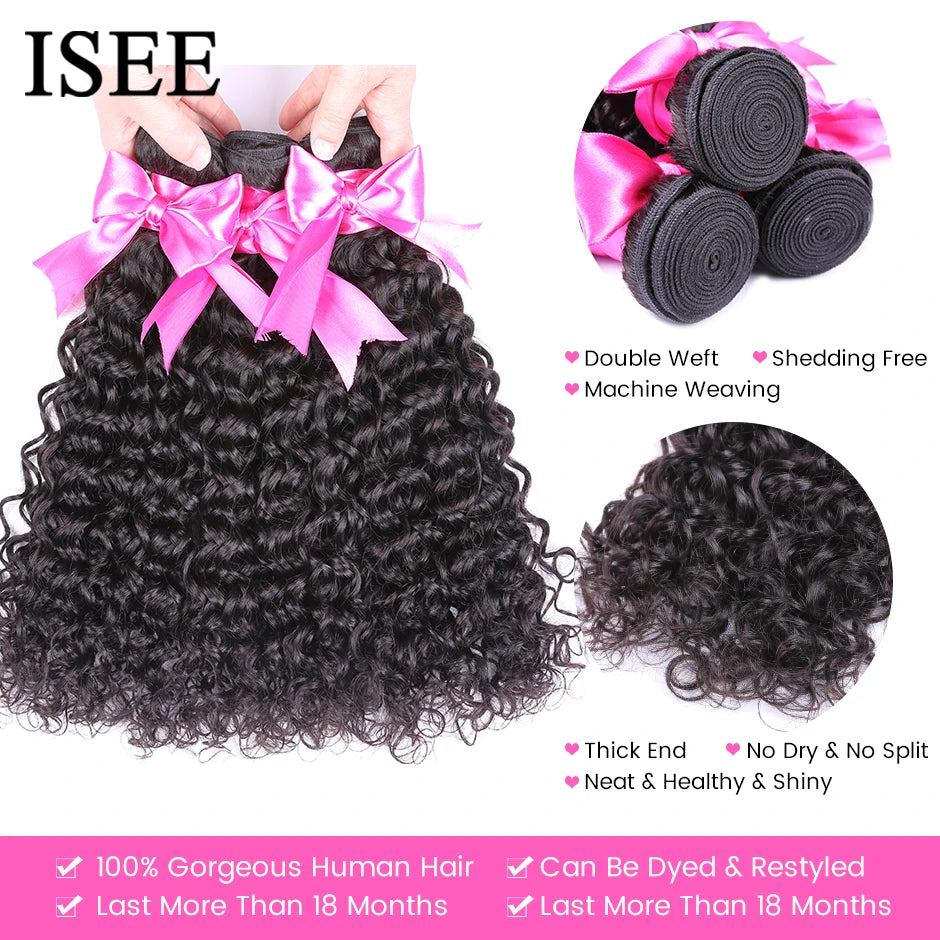 ISEE HAIR Mongolian Water Wave Human Hair Extensions 100% 1/3/4 Bundles Remy Natural Human Hair Bundles Extensions