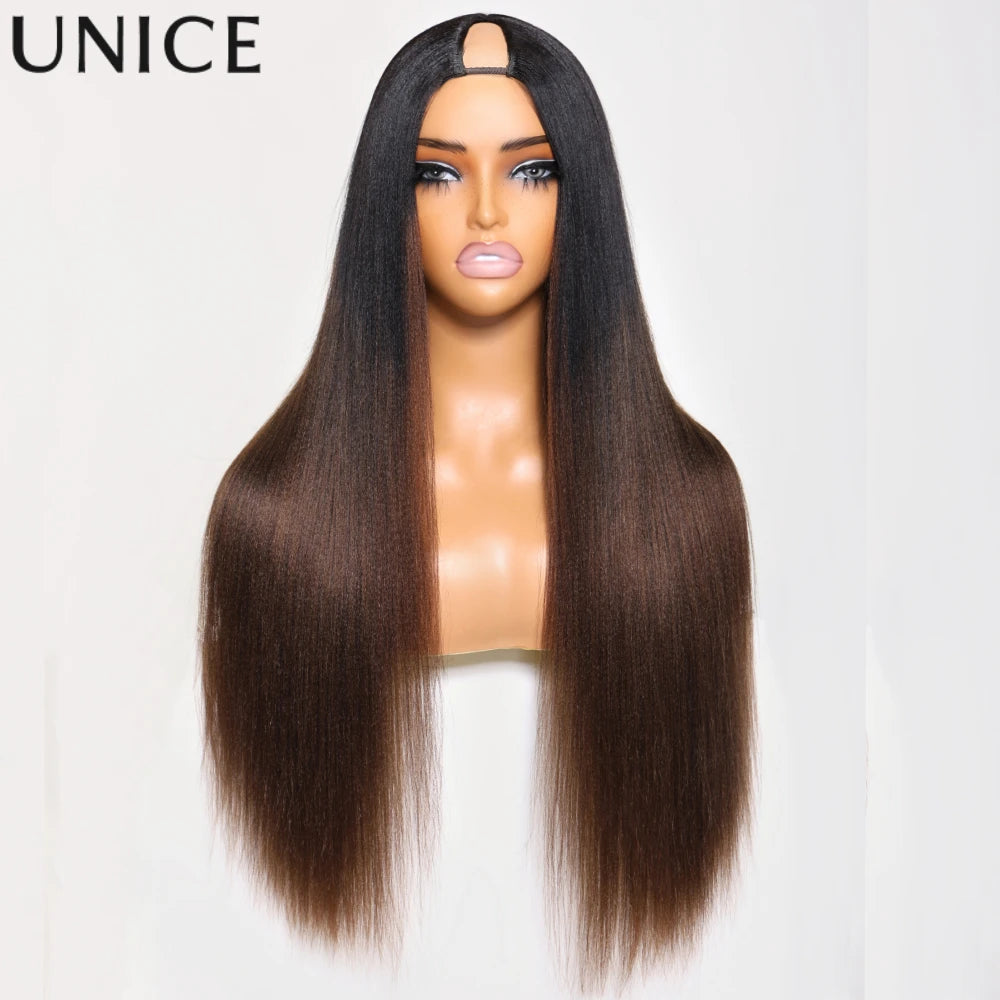 UNICE Hair Chestnut Brown Ombre Yaki Straight Human Hair Wig Pre Cut Pre Bleached 7x5 Glueless Wig & V Part Wig