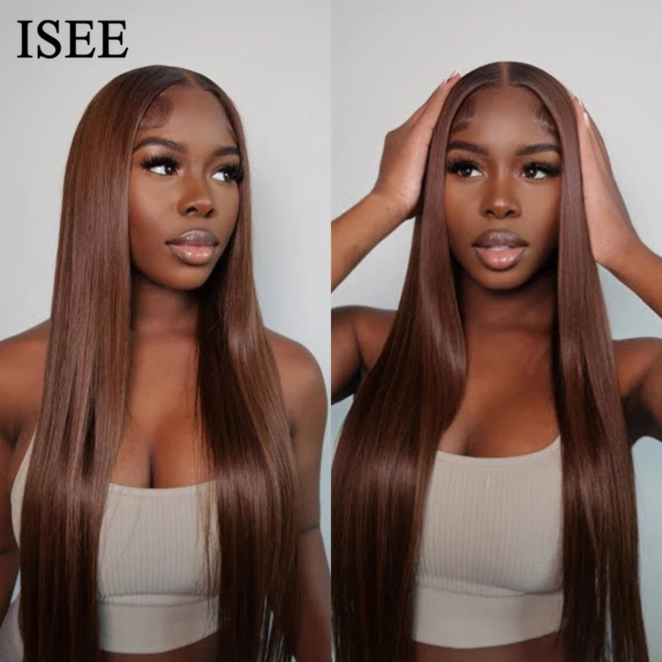 ISEE Hair Wig Brazilian Straight Chocolate Brown Lace Front Wig 13x4  Colored Wig Human Hair 4x4 Closure Wig On Sale Clearance