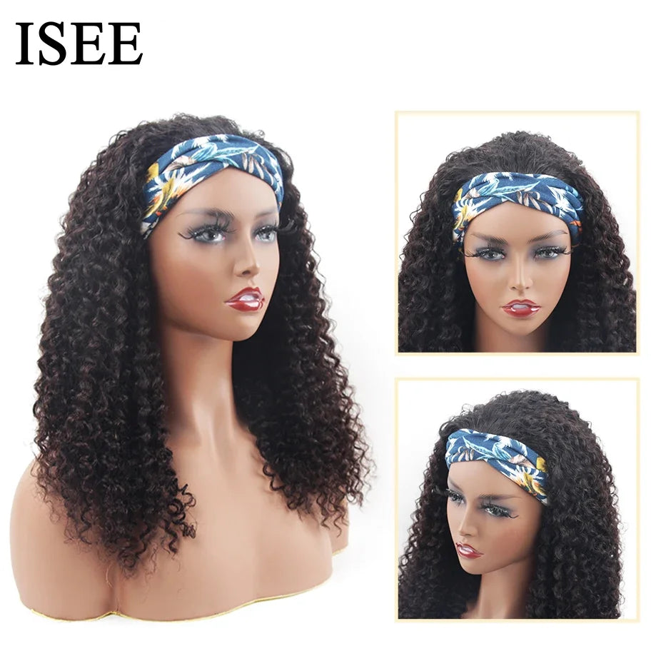 ISEE Hair Headband Wig Human Hair Kinky Curly Scarf Wigs For Women Brazilian Curly Wigs on Sale No Glue No Gel Full Machine Wigs