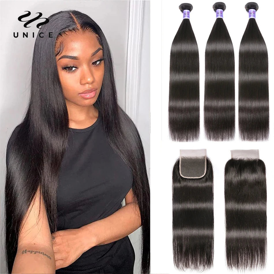 Unice hair Free Shipping Peruvian Virgin Hair With Closure 3 Bundles Peruvian Straight Hair Wefts 12A Grade Peruvian Middle Part