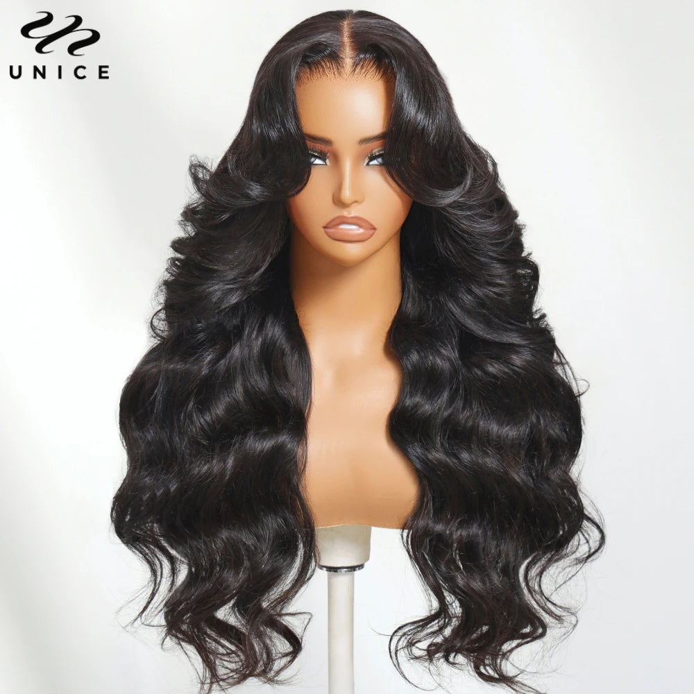 UNICE Hair 13x4 HD Real Scalp Wig Drawstring Cap Loose Wave with Face Framing Curtain Bangs Pre Cut Pre Bleached Glueless Wig
