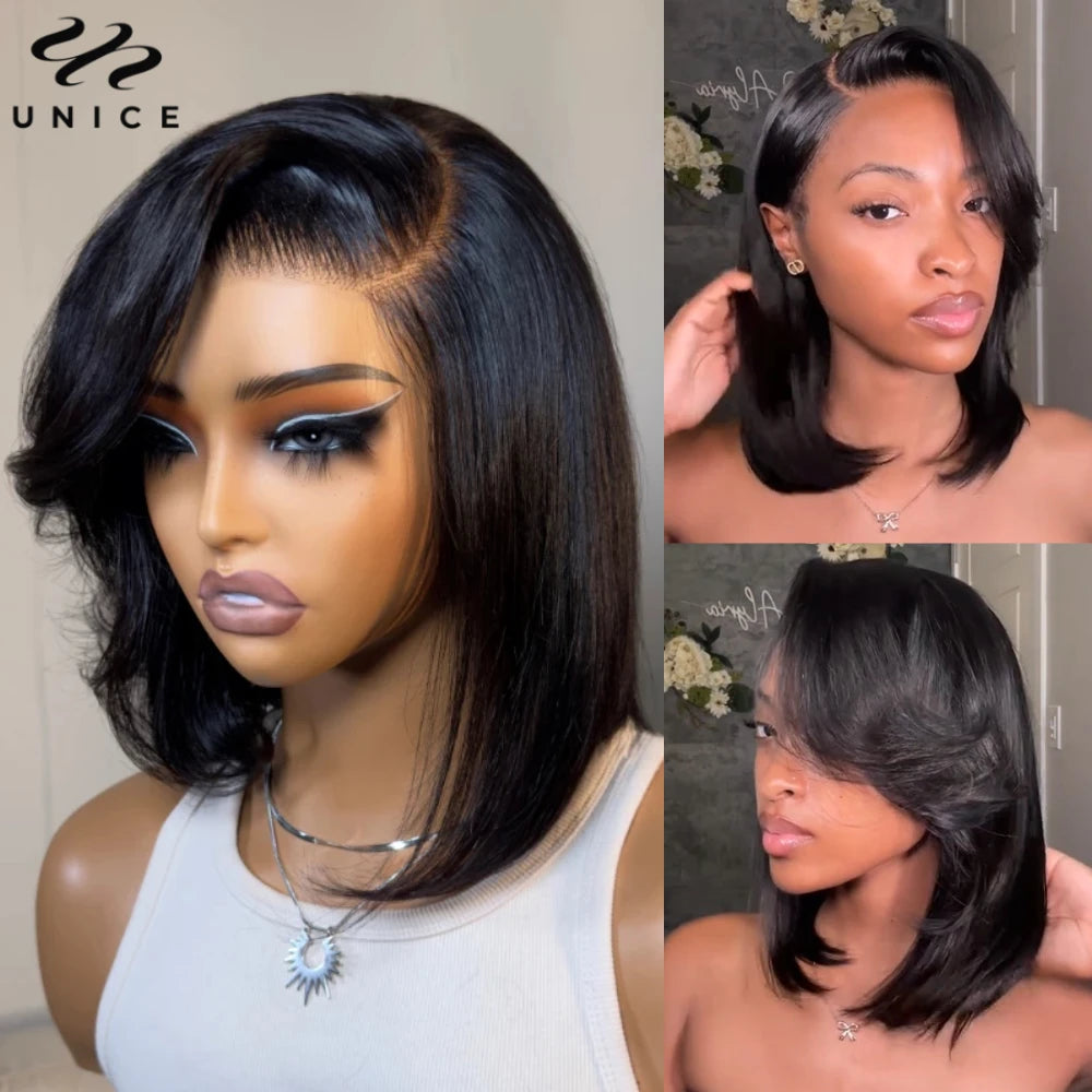 UNice 4x4 Lace Closure Bob Human Hair Wig With Side Swept Bangs & Bye Bye Knots 7x5 Lace Pre Cut Pre Bleached Glueless Wig