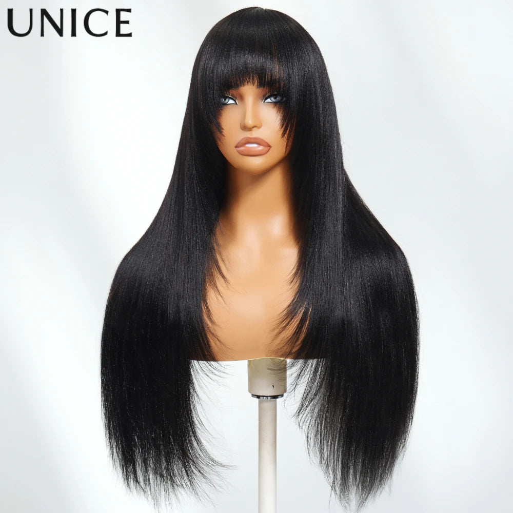 Unice Hair Layered Cut Yaki Straight Human Hair Wig With Bangs Full Machine Made Wig 150% Density