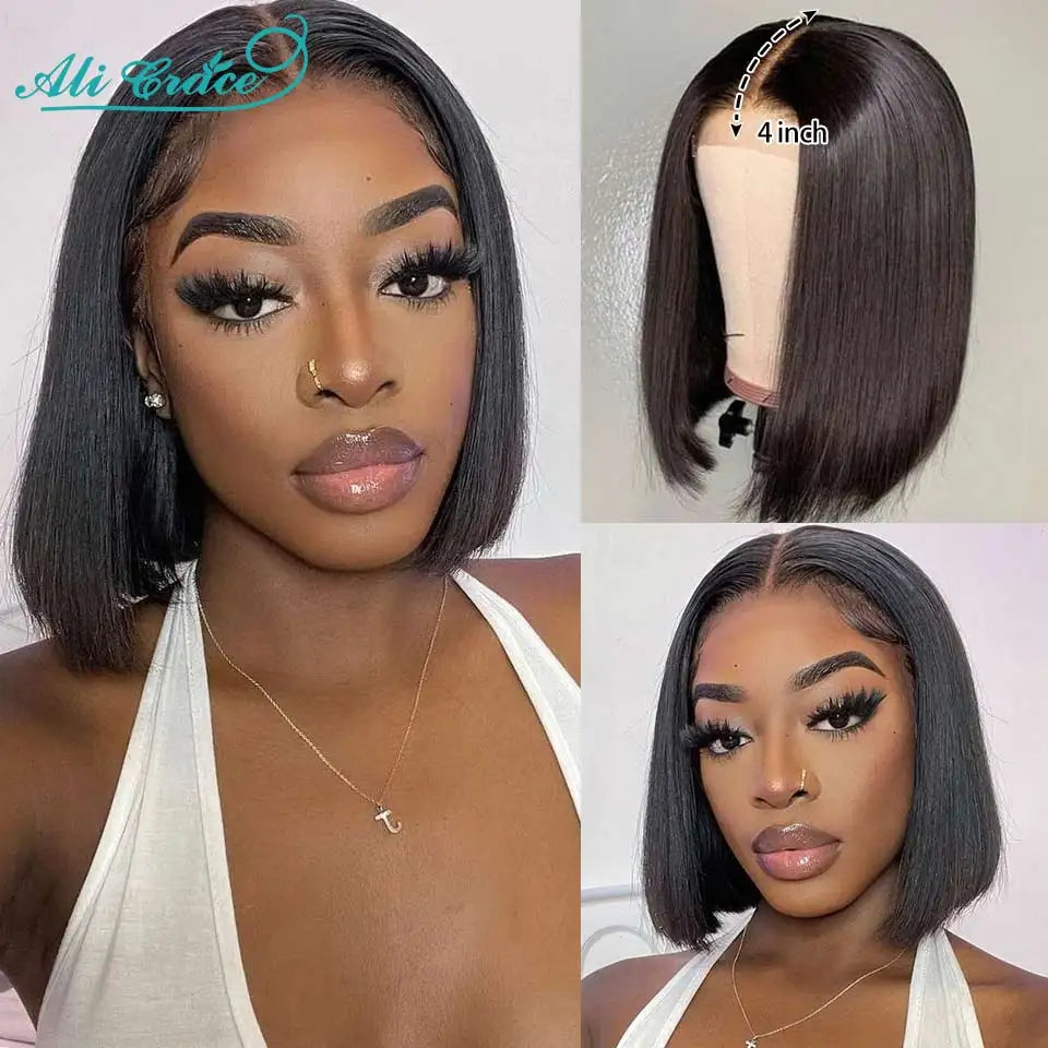 Ali Grace Hair Straight Short Bob Wig 4x4 Lace Closure Wig Brazilian Transparent Lace Remy Human Hair Wigs for Women Pre Plucked