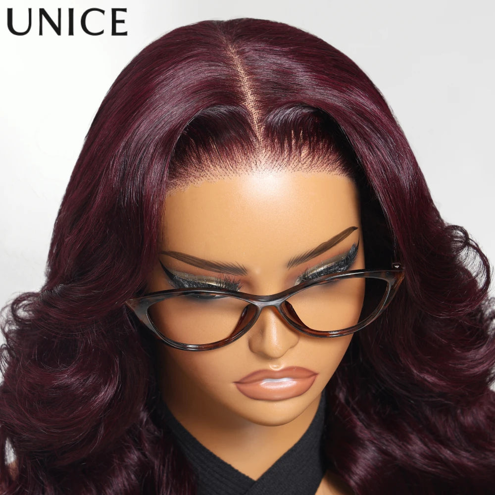 UNICE Black Cherry Loose Wave Curtain Bangs Wig With Invisi Drawstring 7x5 13x4 Pre Cut Pre Bleached Glueless Wig Human Hair