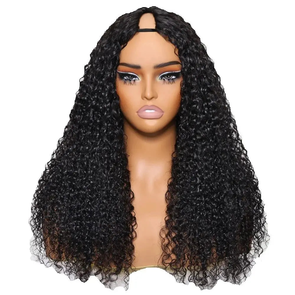 UNICE Hair Drawstring Cap Curly V Part Wig Small Head Friendly Clip-In Human Hair Wigs No Glue Minimal Leave-out 150% Densit