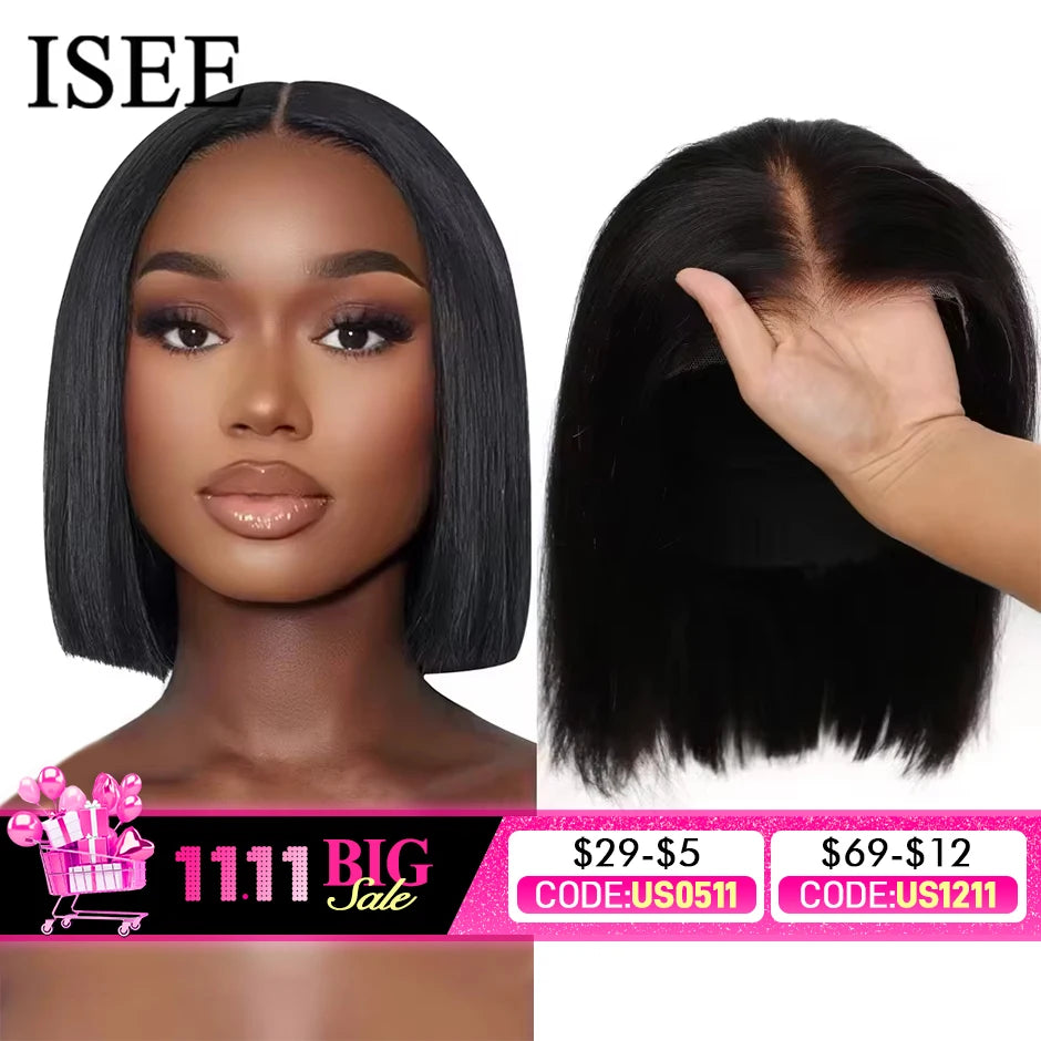 ISEE Hair 4x4 Wear Go Glueless Wigs Preplucked Straight Short Bob Prebleached Ready To Wear Wigs For Women PreCut Lace Wear Go