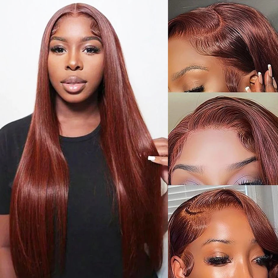 ISEE HAIR Reddish Brown #33 Color Glueless13x6 Straight Lace Frontal Wigs Pre Plucked Wigs Invisi Draw Strings Human Hair Wigs