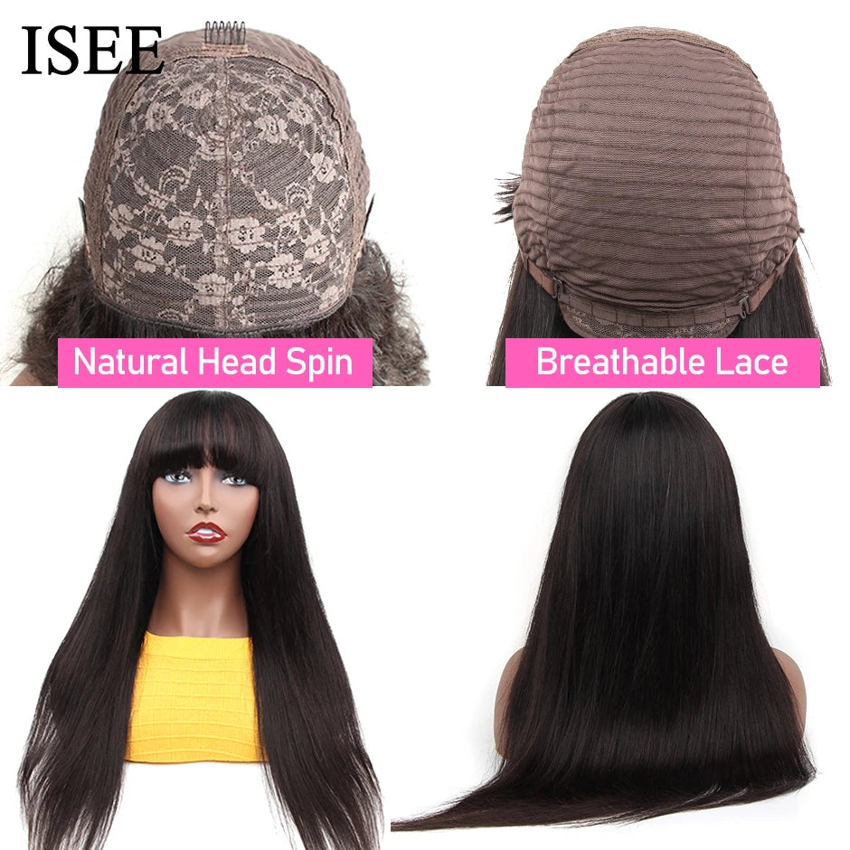 ISEEHAIR Machine Made Sew In Wig Human Hair Straight Wig  Malaysian Straight Wig with Bang Natural Color For Women Wigs No Glue
