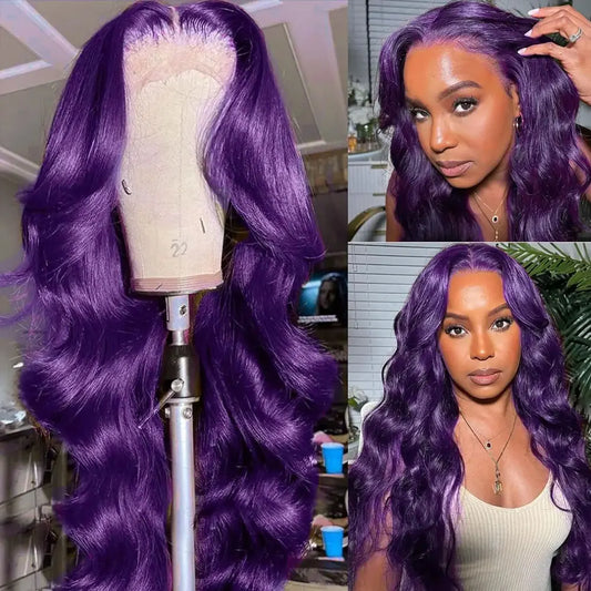 Premium Dark Purple Body Wave Wig - 13x4 HD Lace Front Human Hair Wig 200% Density Brazilian Remy Hair