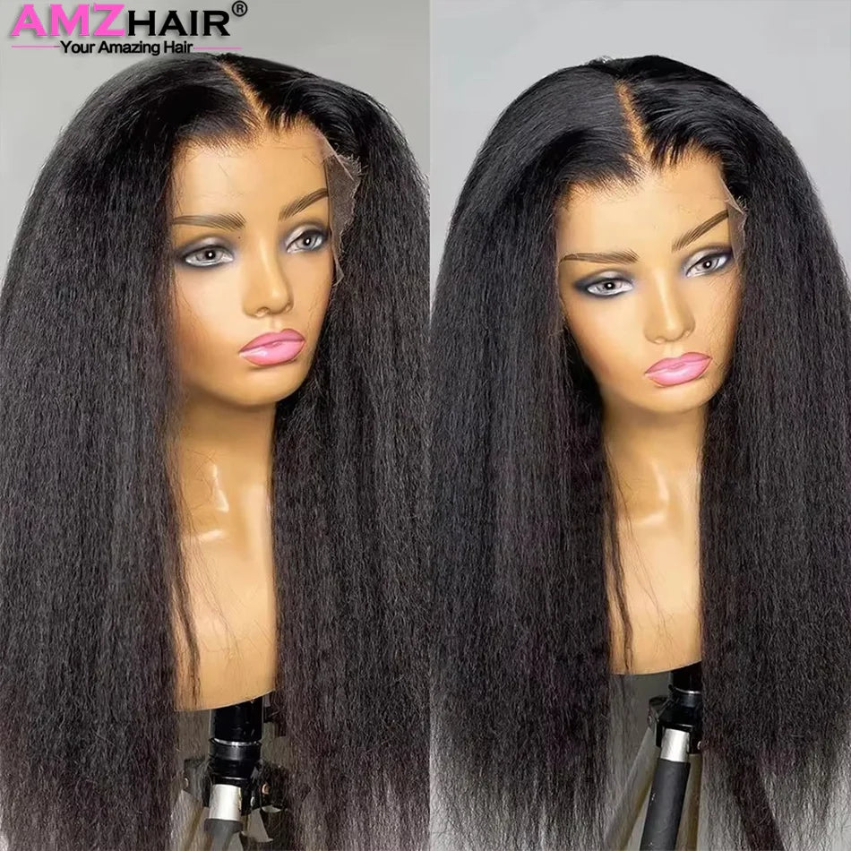 Kinky Straight 13x4 Lace Front Wig Pre Plucked Yaki Brazilian 4x4 Transparent Lace Closure Human Hair Wig With Natural Hairline