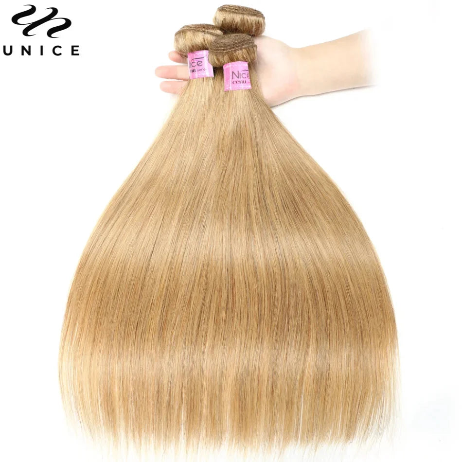 UNice #27 Honey Blonde Straight Bundles 1/3/4 PCS Deal 100% Human Hair Bundles 100Grams Per Bundle Sew In Quick Weaves