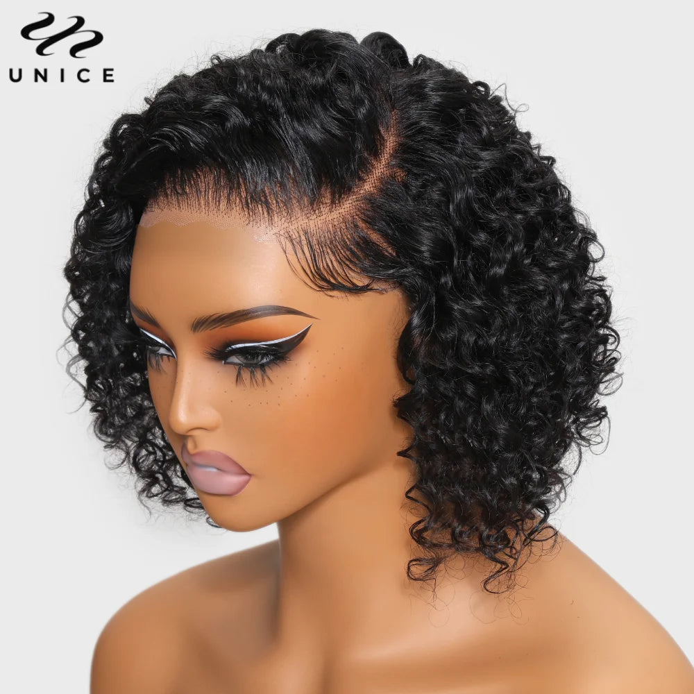UNice Hair Short Curly Bob Wig Human Hair 7x5 Pre Cut Pre Bleached Pixie Cut Lace Closure Wig Ready To Wear Go Glueless Wig