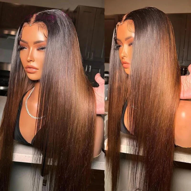 Premium Ombre Brown Lace Front Wig 26 Inch - Glueless Pre-Plucked Straight Human Hair Wig with Baby Hair