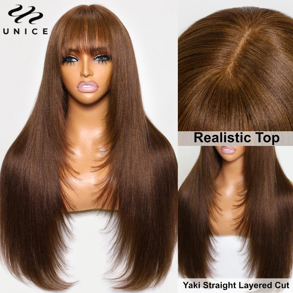 Unice Hair Yaki Straight #4 Brown Human Hair Wig With Bangs Layered Cut Middle Part 4x2 Lace Front Human Hair Wig 150% Density