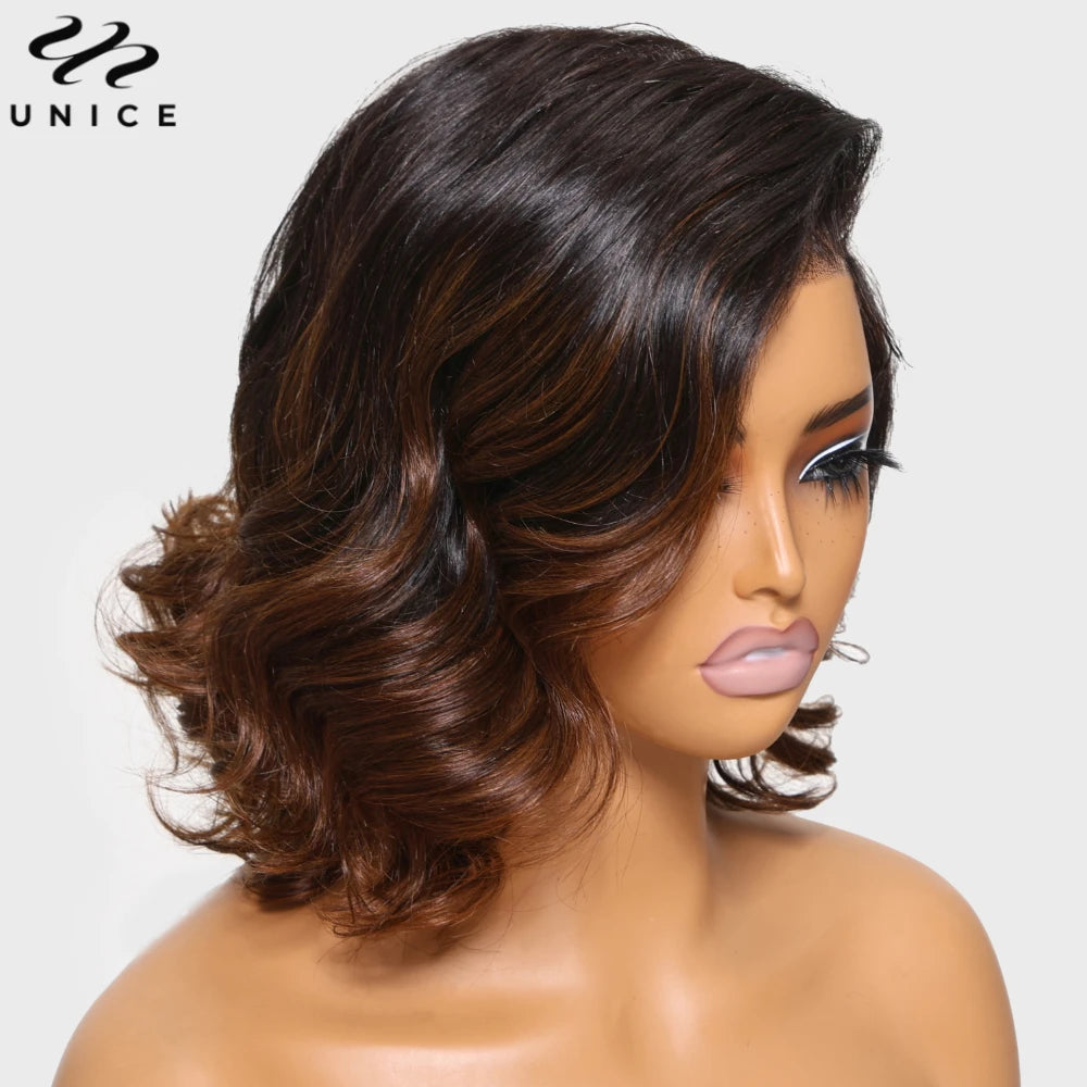 UNice Hair Chestnut Brown Ombre Bob Wigs Pre Everything 13x4 Human Hair Lace Frontal Wigs Wavy Bob Wigs 12Inch 150% Density