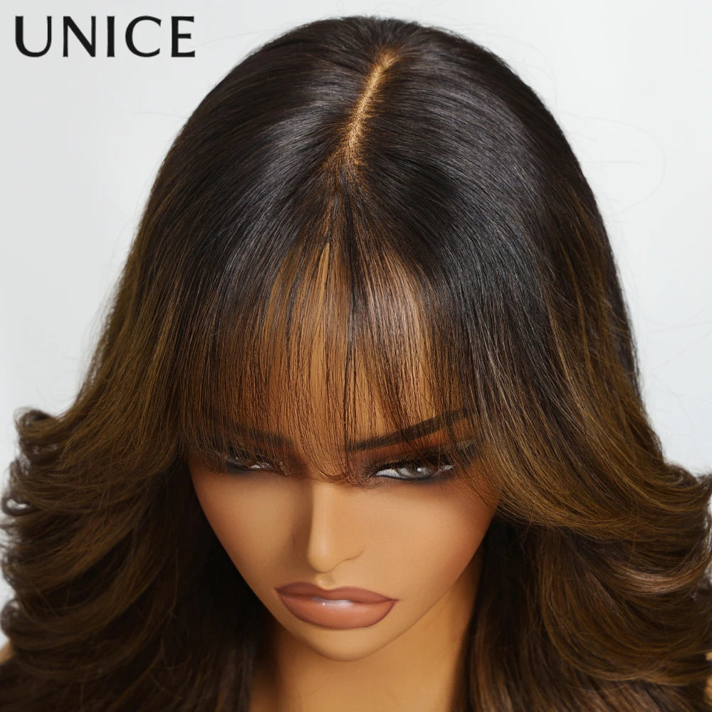 UNICE Hair Brown Money Piece Fluffy Loose Wave Curtain Bangs Wig 13x4 Pre Cut Pre Bleached Glueless Wig Human Hair 150% Density