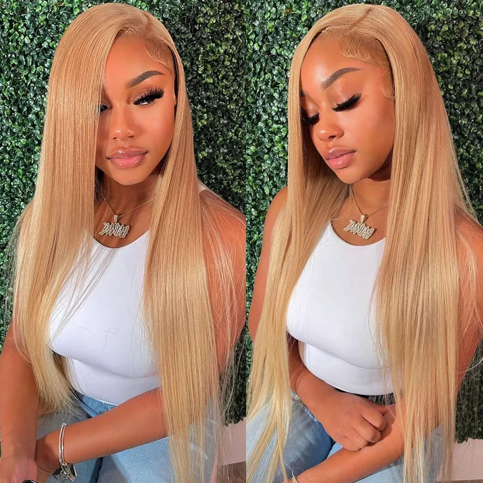 13x6 27# Honey Blonde Colored Human Hair Frontal Wigs Straight 180% 13x6 HD Transparent Lace Front Human Hair Wigs For Women