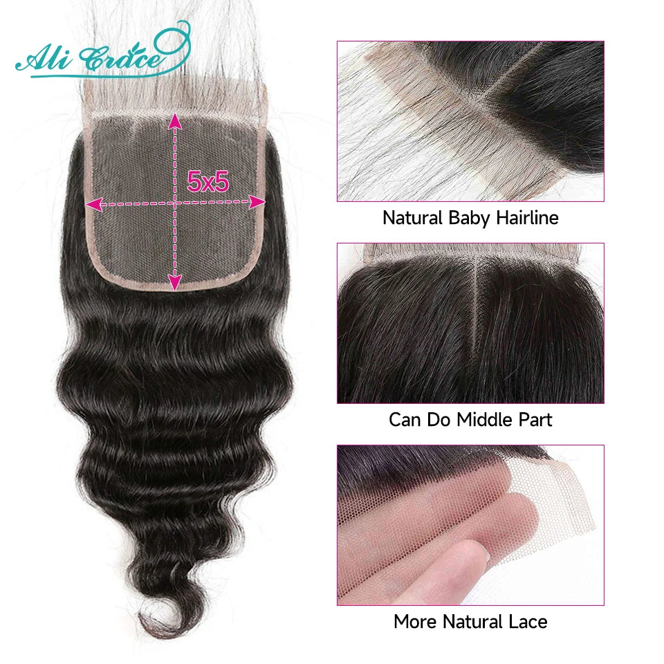 Ali Grace Hair Loose Wave Transparent 5x5 Lace Closure with Hair Bundles Brazilian Human Hair Loose Wave 3 Bundles With Closure