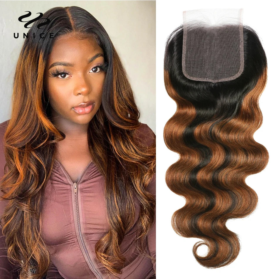 UNICE Hair Brown Balayage Body Wave Human Hair Bundles with Closure Free Part Transparent 4X4 Lace Closure And 2/3/4 PCS Bundles