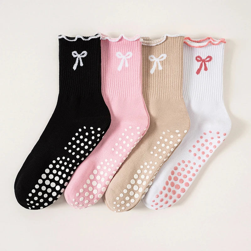 1 pairs of anti-slip grip Pilates socks, pure cotton breathable yoga socks, high elasticity sweat-absorbing mid-calf socks