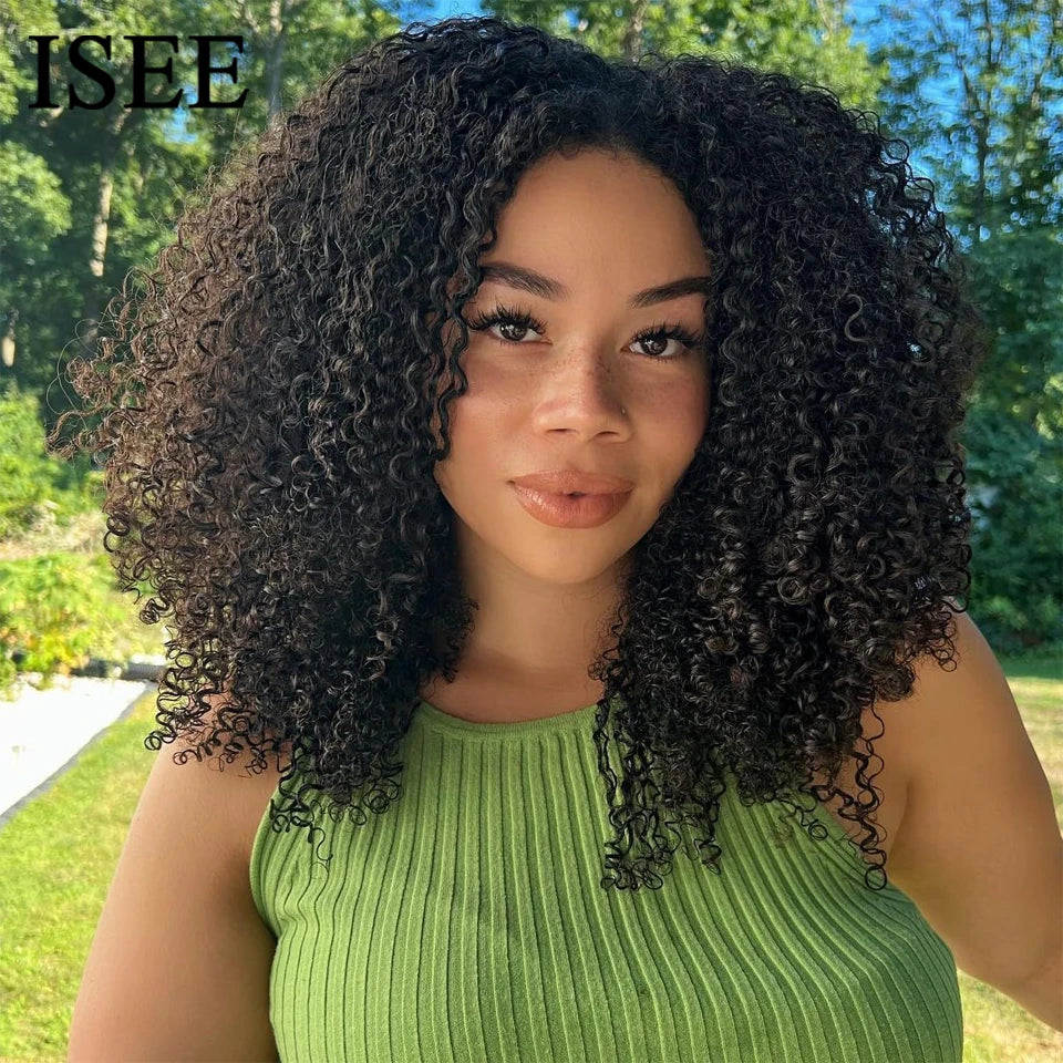 ISEE Hair Wear Go 7x5 Glueless HD Afro Kinky Curly Lace Front Wig Human Hair Transparent Deep Curly Wigs Pre Cut PrePlucked