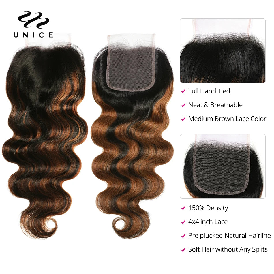 UNICE Hair Brown Balayage Body Wave Human Hair Bundles with Closure Free Part Transparent 4X4 Lace Closure And 2/3/4 PCS Bundles