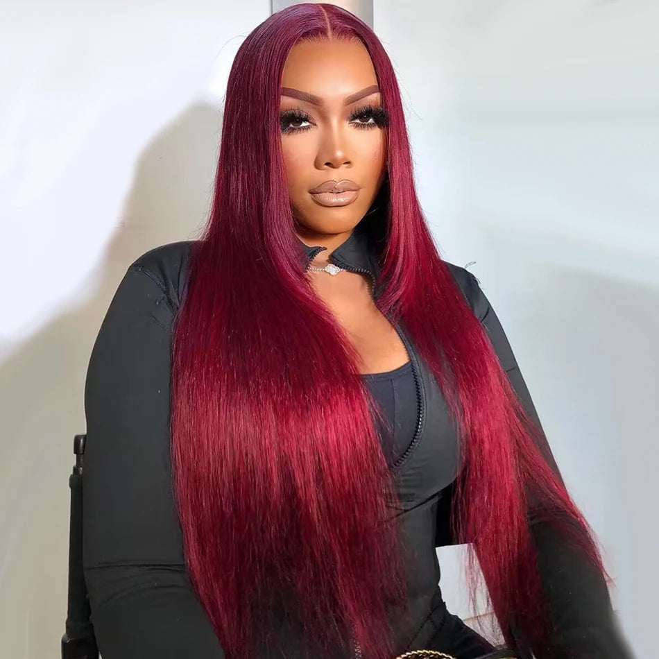 Premium 13x6 99J Burgundy Trendy Colored Human Hair Lace Front Wigs 180% HD Lace Frontal Wigs Bone Straight Human Hair Wig