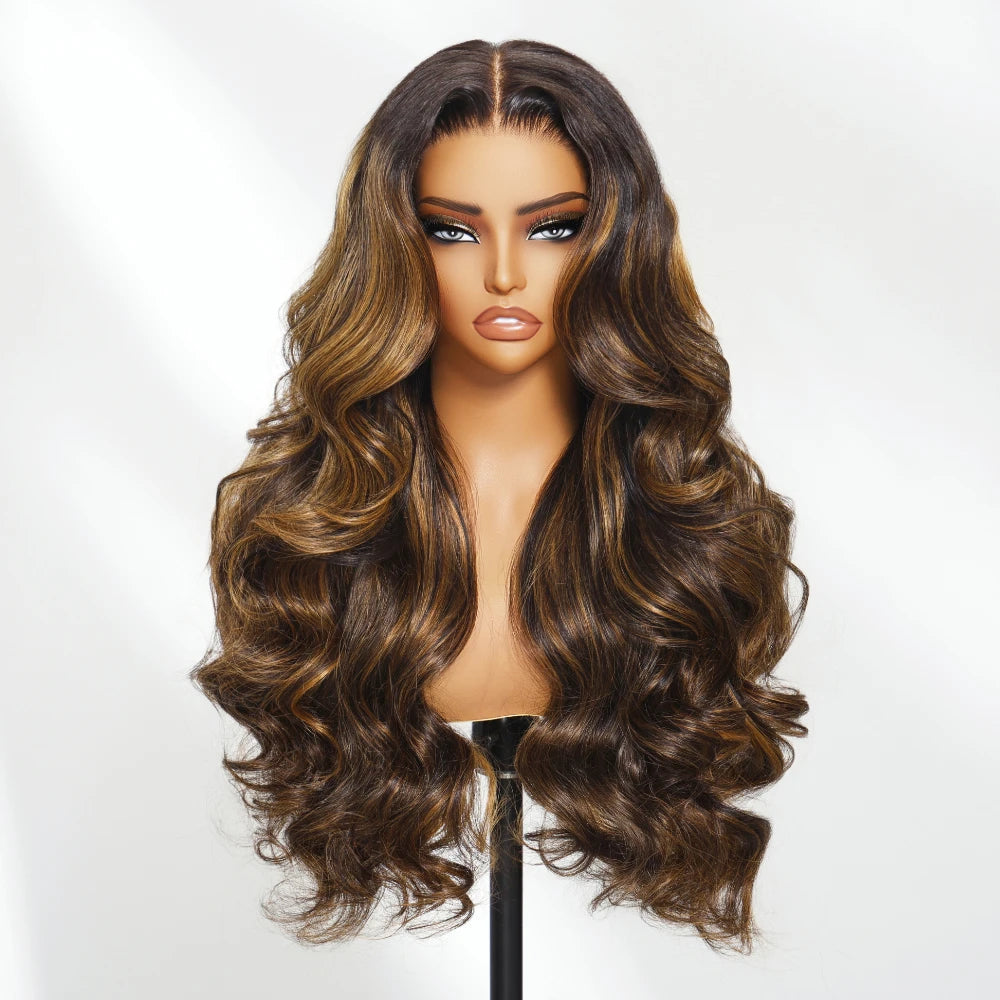 UNice Hair Drawstring Cap 13x4 Human Hair Lace Frontal Wig With Bangs FB30 Balayage Body Wave Wig Pre Everything Glueless Wigs