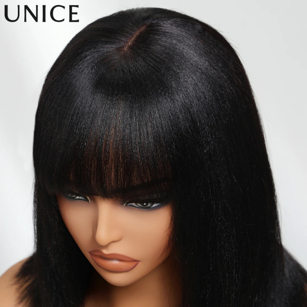 Unice Hair Yaki Straight Bob Wig With Bangs Real Scalp Middle Part 4x2 Lace Glueless Wig Human Hair Ready To Wear 150% Density