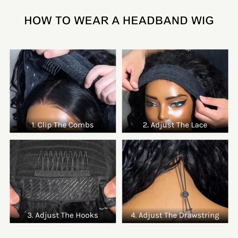 Unice Hair Upgrade Drawstring Mesh Lace Water Wave Headband Wigs Human Hair No Glue No Lace Fit For All Head Sizes