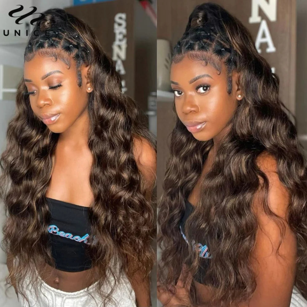 Unice Hair Brown Highlight Body Wave Human Hair Bundles 3PCS Deal 100% Human Hair Balayage Colored Bundles Sew In Weaves