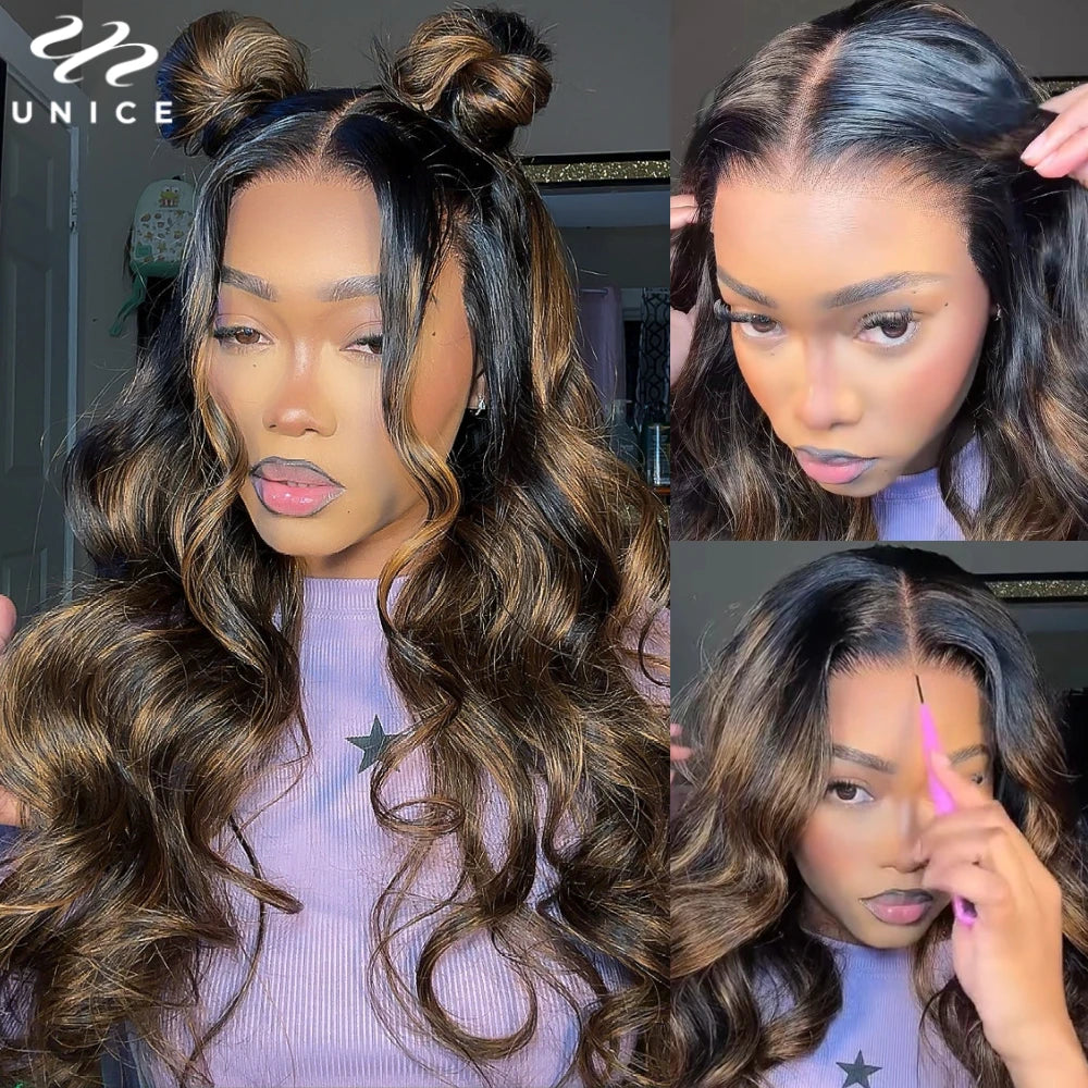 UNice Hair Drawstring Cap 13x4 Human Hair Lace Frontal Wig With Bangs FB30 Balayage Body Wave Wig Pre Everything Glueless Wigs
