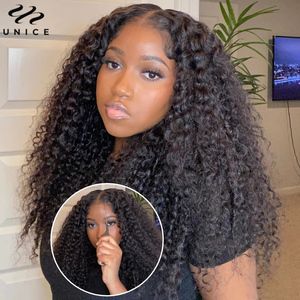 Unice Hair Jerry Curly Wig With Coily Edges 7x5 Lace Pre Cut Pre Bleached Glueless Wig Human Hair Ready To Wear 150% Density