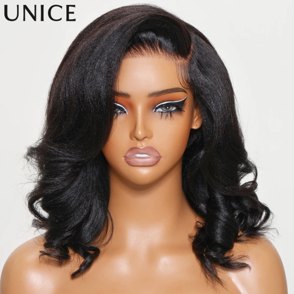 UNICE Hair Yaki Loose Wave Bob Wig With Baby Hair Drawstring 13x4 Human Hair Lace Frontal Wig Pre Cut Pre Bleached Glueless Wig