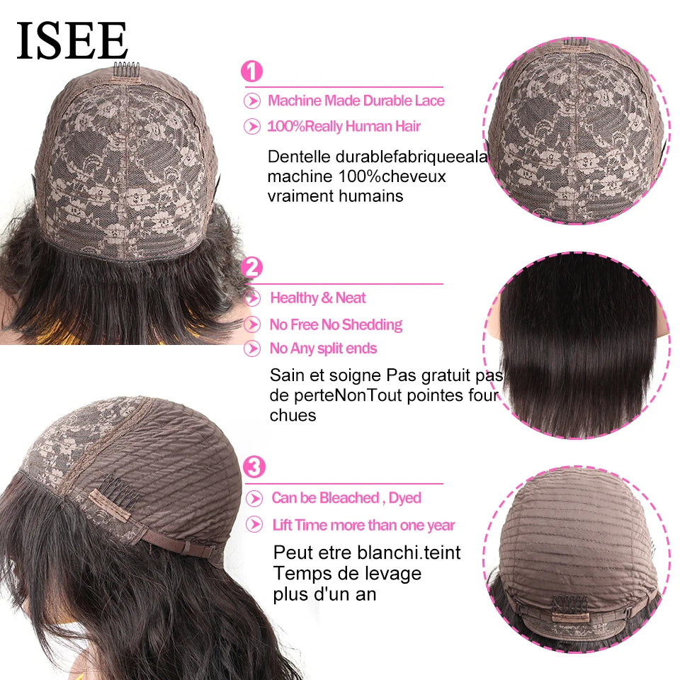 ISEEHAIR Machine Made Sew In Wig Human Hair Straight Wig  Malaysian Straight Wig with Bang Natural Color For Women Wigs No Glue