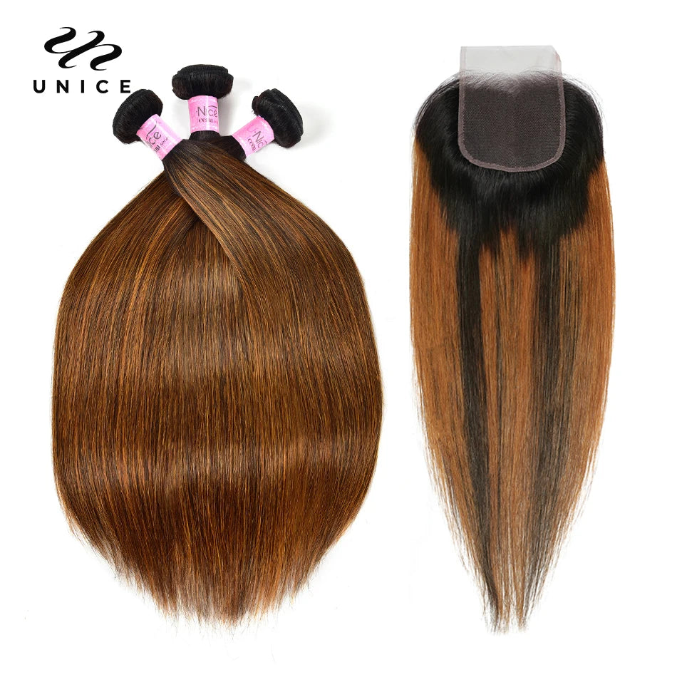 UNICE Brown Balayage Straight Human Hair Bundles with Closure 2/3/4 PCS Hair Bundles With 4x4 Lace Closure Make 250% Denstiy Wig