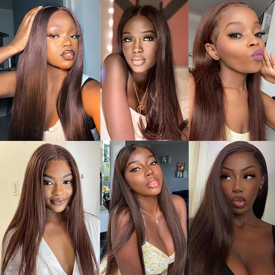 Premium Chocolate Brown Colored 13x4 HD Lace Front Human Hair Wigs Tuneful 30 Inch Raw Indian Straight Human Hair Frontal Wigs