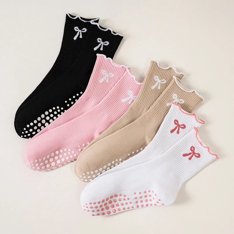 1 pairs of anti-slip grip Pilates socks, pure cotton breathable yoga socks, high elasticity sweat-absorbing mid-calf socks