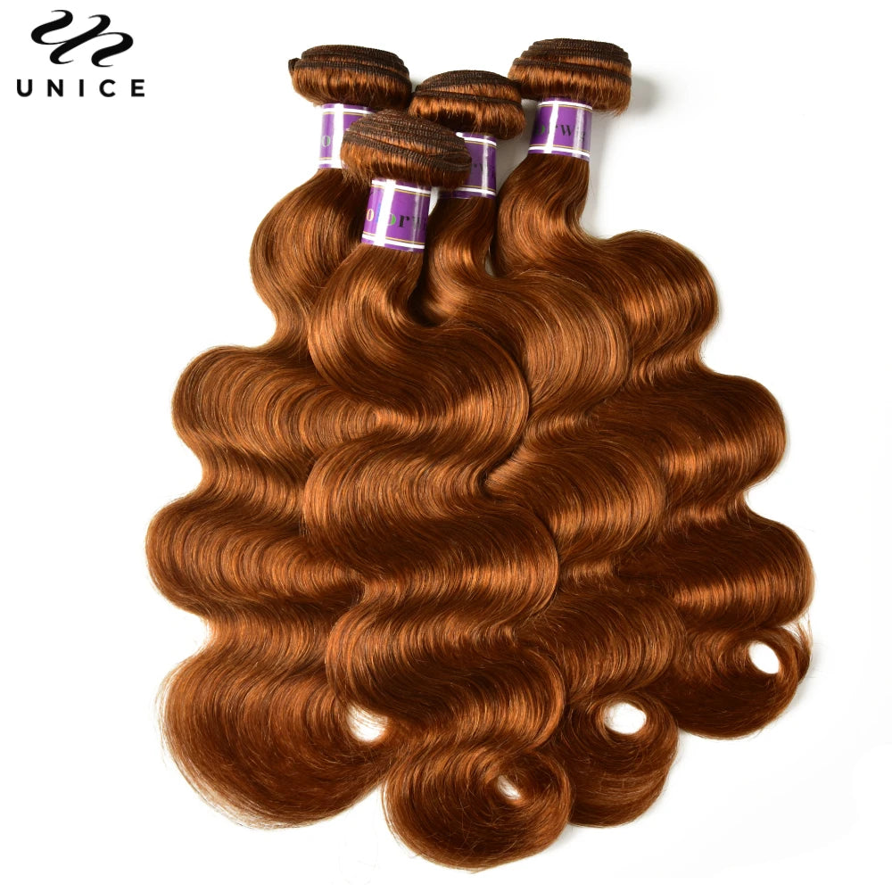 UNice Hair #30 Brown Colored Body Wave Human Hair Bundles 1/3/4 PCS Deal 100Grams Per Bundle Sew In Bundles Quick Weaves