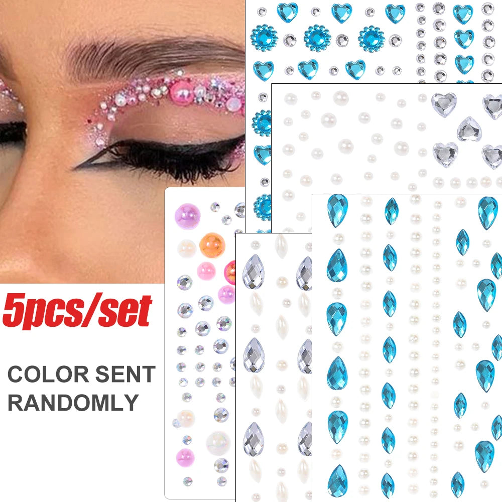 5Pcs/lot Mixed Shinying Girl Nail Glitter Face Stickers Rhinestone 3D Colorful Random Nail Face Crystal DIY Makeup Face/Body Dia