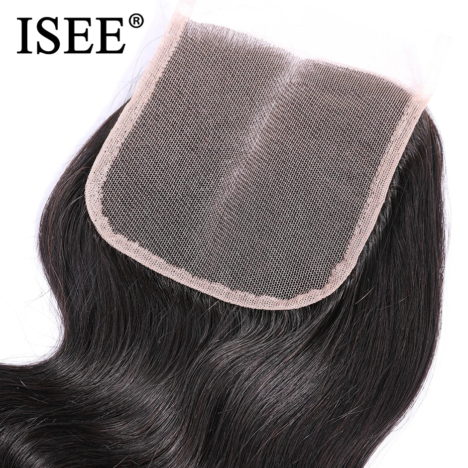 ISEE HAIR Brazilian Body Wave Closure Free Part Hand Tied 100% Remy Human Hair 4*4 Lace Closure Nature Color